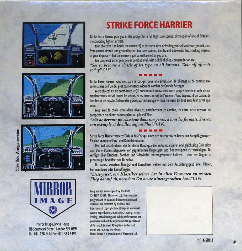 Back Cover for Strike Force Harrier (Amiga) (Mirror Image release)