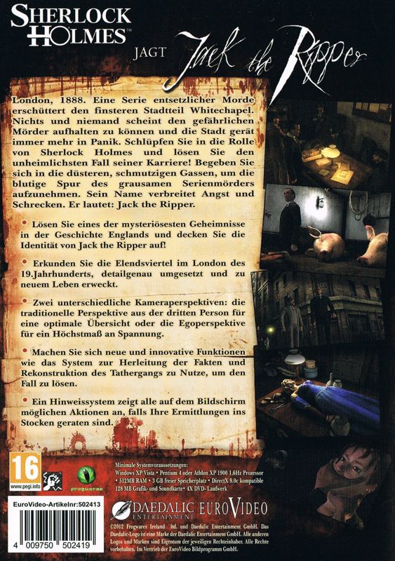 Back Cover for Sherlock Holmes vs. Jack the Ripper (Windows) (Daedalic Entertainment release)