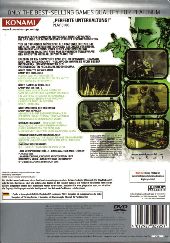 Back Cover for Metal Gear Solid 3: Snake Eater (PlayStation 2) (Platinum release)
