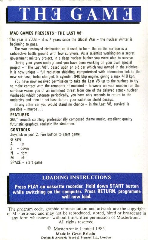 Inside Cover for The Last V8 (Commodore 64): Left