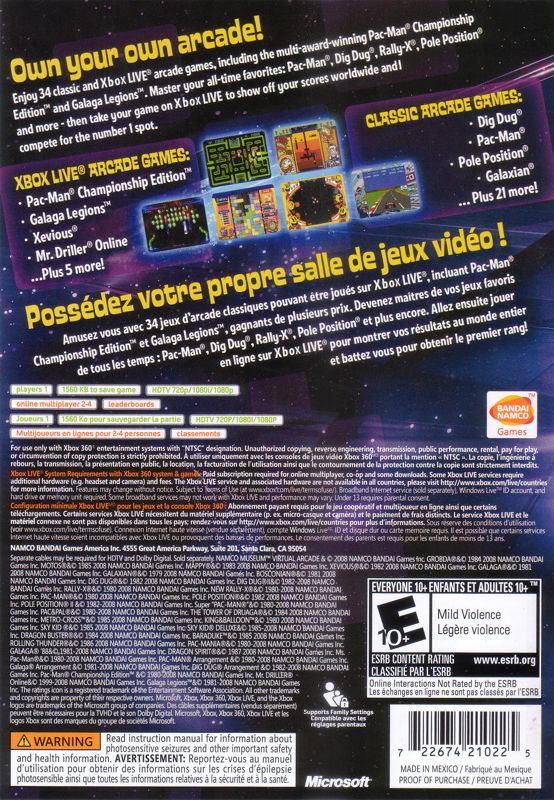 Back Cover for Namco Museum: Virtual Arcade (Xbox 360)