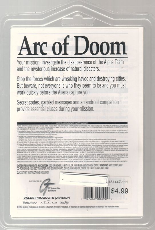 Back Cover for Arc of Doom (Macintosh and Windows 3.x) (GT Interactive big software value blister-pack release)