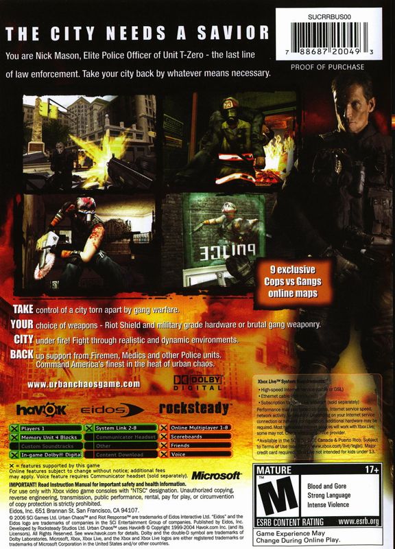 Back Cover for Urban Chaos: Riot Response (Xbox)