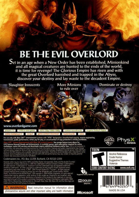 Back Cover for Overlord II (Xbox 360)