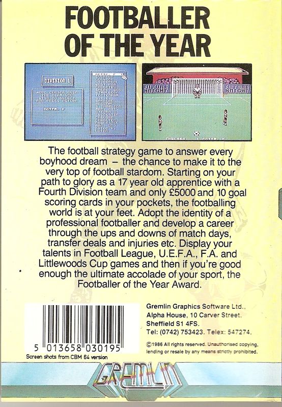 Back Cover for Footballer of the Year (Commodore 64)