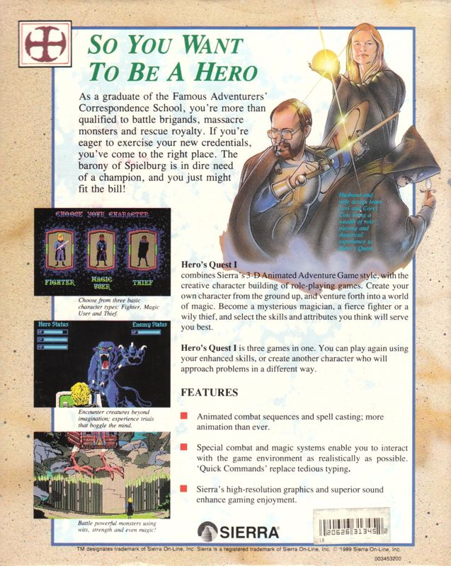 Back Cover for Hero's Quest: So You Want to Be a Hero (DOS) (Free Prodigy IPS Start-up Kit included)