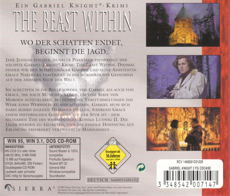 Other for Mystery Games (DOS and Windows and Windows 16-bit): Gabriel Knight: The Beast Within - Jewel Case - Back