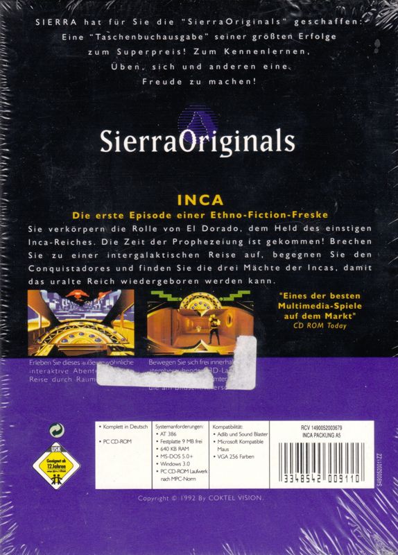 Back Cover for Inca (DOS) (Sierra Originals release)