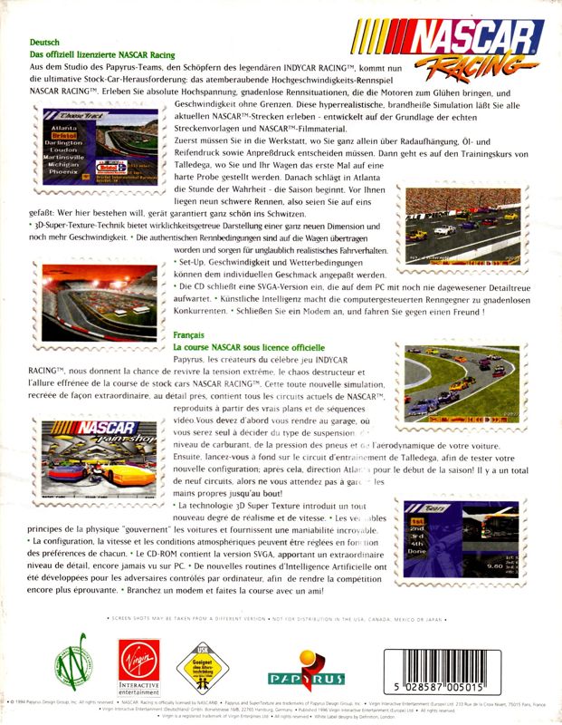 Back Cover for NASCAR Racing (DOS) (White Label Release)