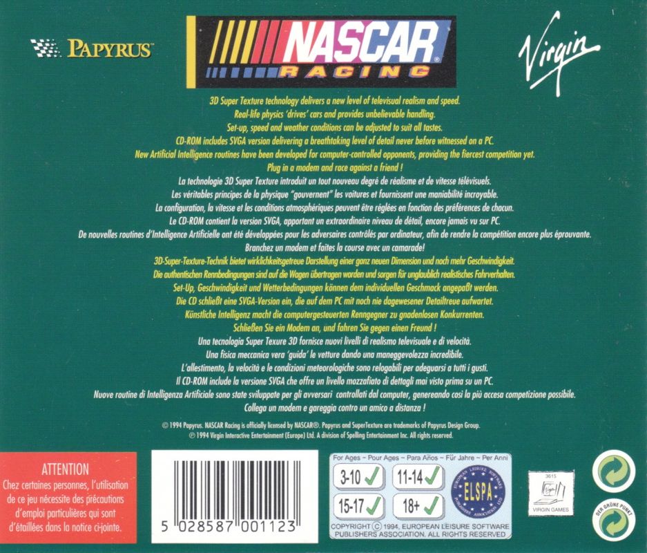 Other for NASCAR Racing (DOS): Jewel Case - Back
