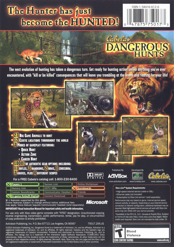 Back Cover for Cabela's Dangerous Hunts (Xbox) (Platinum Hits)