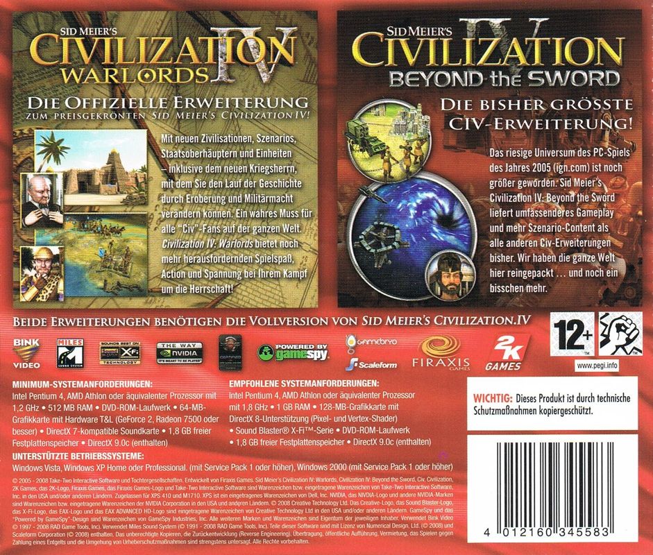 Other for Sid Meier's Civilization IV Add-On-Doppelpack (Windows): Jewel Case - Back