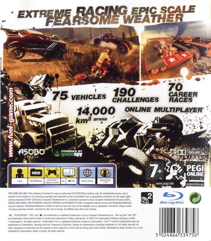 Back Cover for Fuel (PlayStation 3)