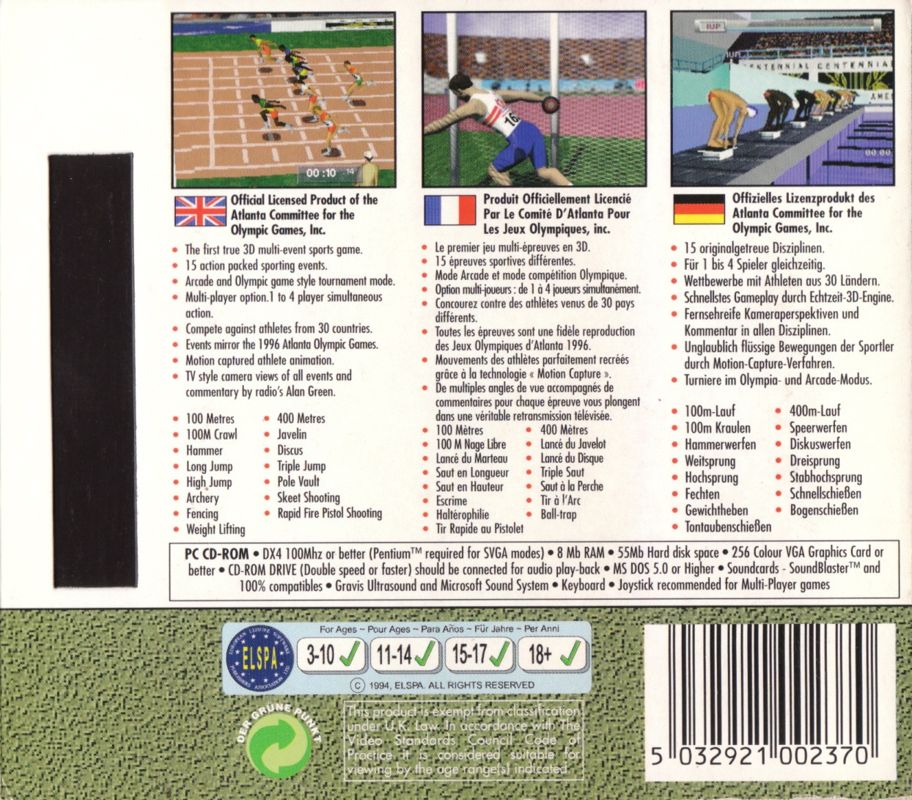 Other for Olympic Games: Atlanta 1996 (DOS) (Kixx release): DigiPak Folder - Outside Centre