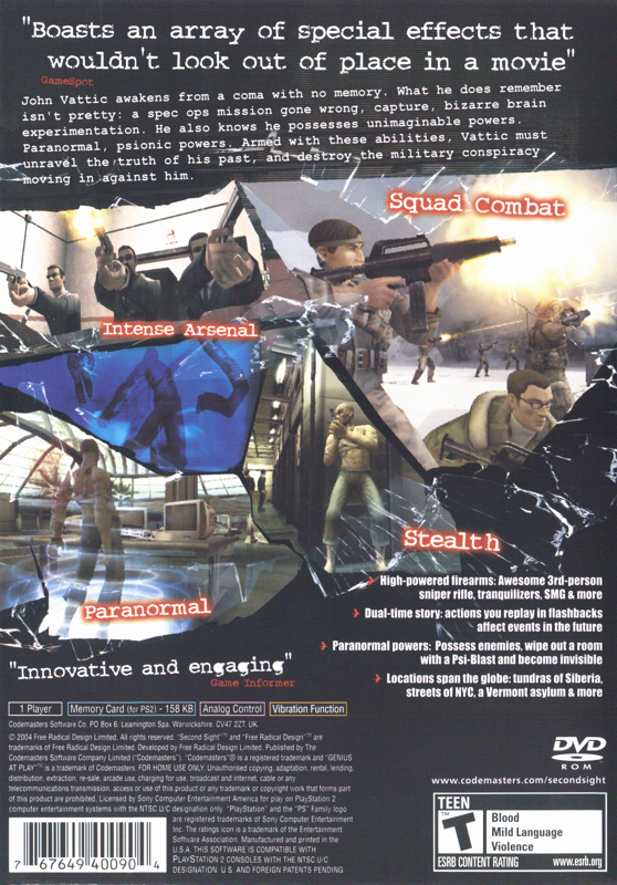 Back Cover for Second Sight (PlayStation 2)