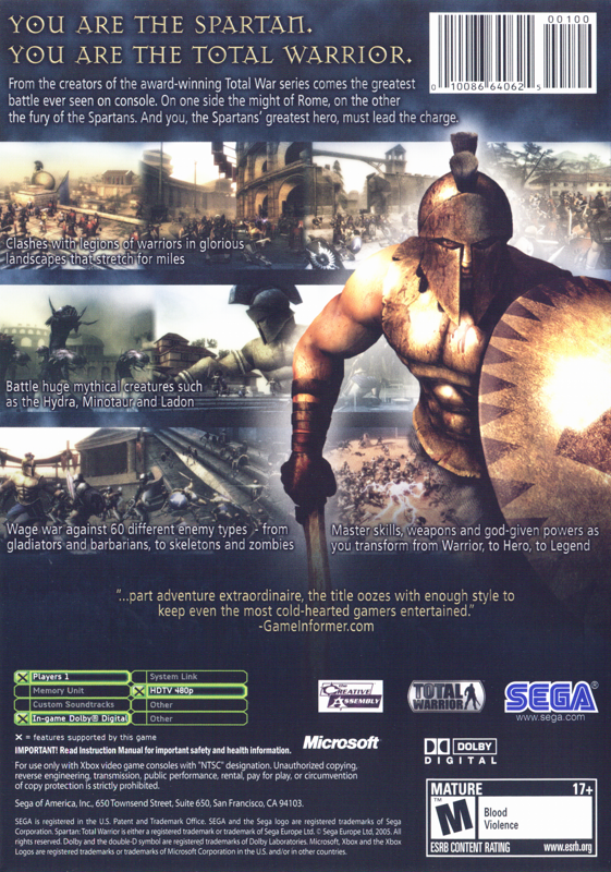 Back Cover for Spartan: Total Warrior (Xbox)