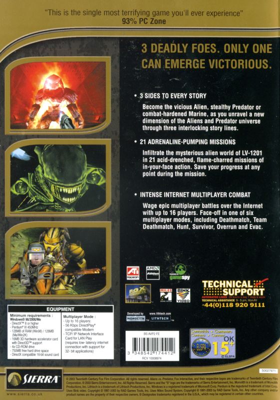 Back Cover for Aliens Versus Predator 2 (Windows) (BestSeller Series release)