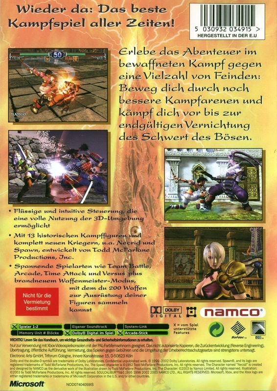 Back Cover for SoulCalibur II (Xbox)