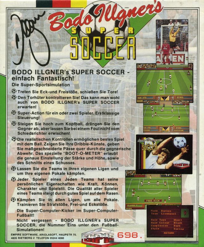 Back Cover for Gazza's Super Soccer (Commodore 64) (Cassette release)