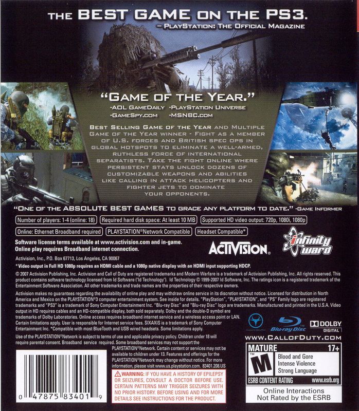 Back Cover for Call of Duty 4: Modern Warfare (Game of the Year Edition) (PlayStation 3)