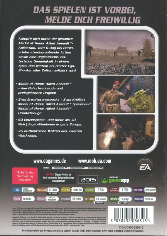 Back Cover for Medal of Honor: Allied Assault - War Chest (Windows) (EA Most Wanted release)