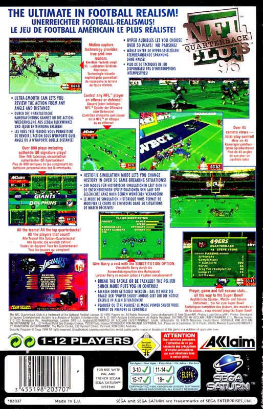 Back Cover for NFL Quarterback Club 96 (SEGA Saturn)