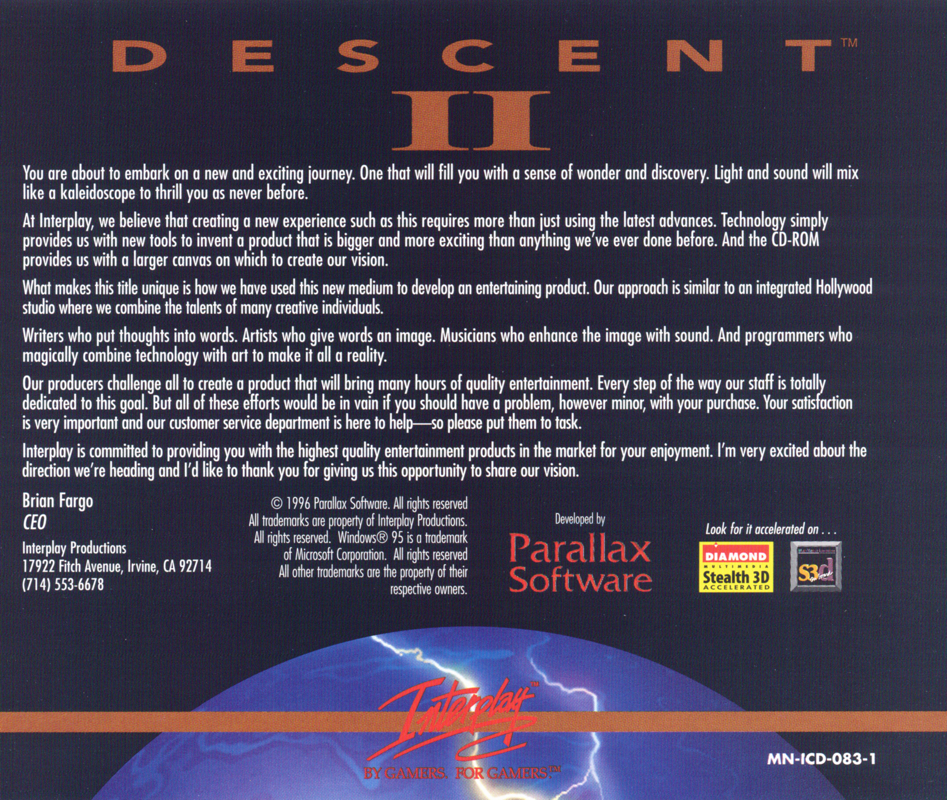 Other for Descent II (DOS and Windows): Jewel Case - Back