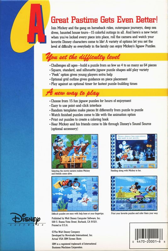 Back Cover for Mickey's Jigsaw Puzzles (DOS)
