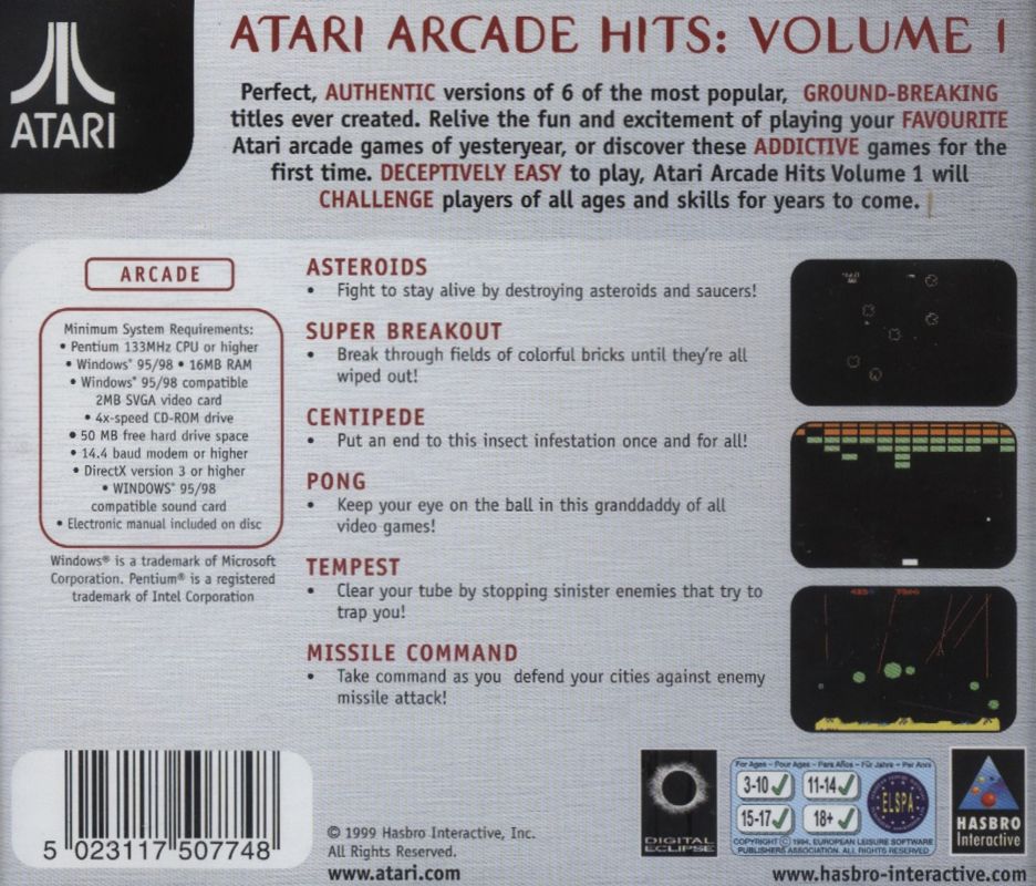 Other for Atari Arcade Hits: Volume 1 (Windows): Jewel Case - Back