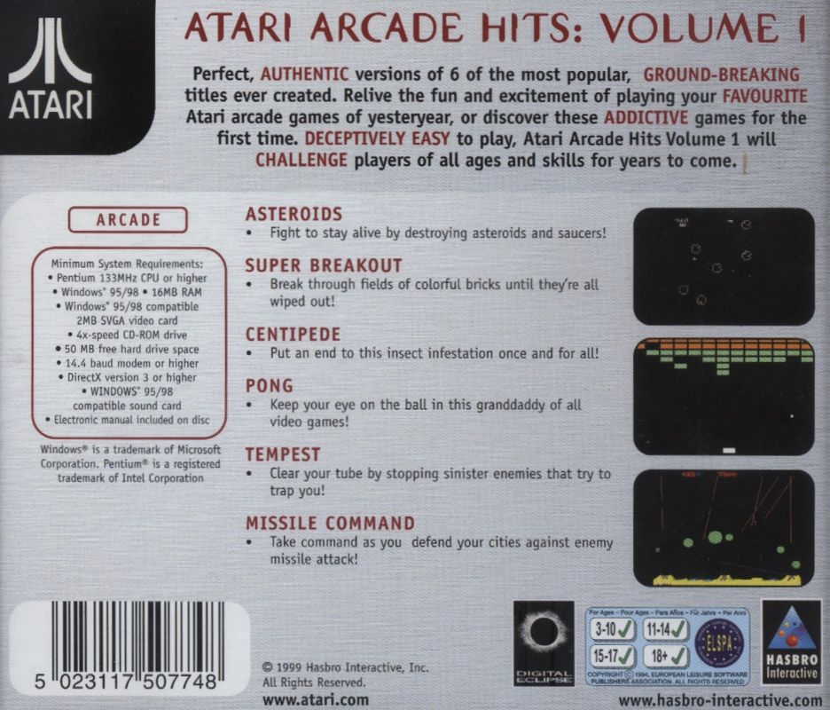 Other for Atari Arcade Hits: Volume 1 (Windows) (Hasbro Interactive/Atari Classic release): Jewel Case - Back