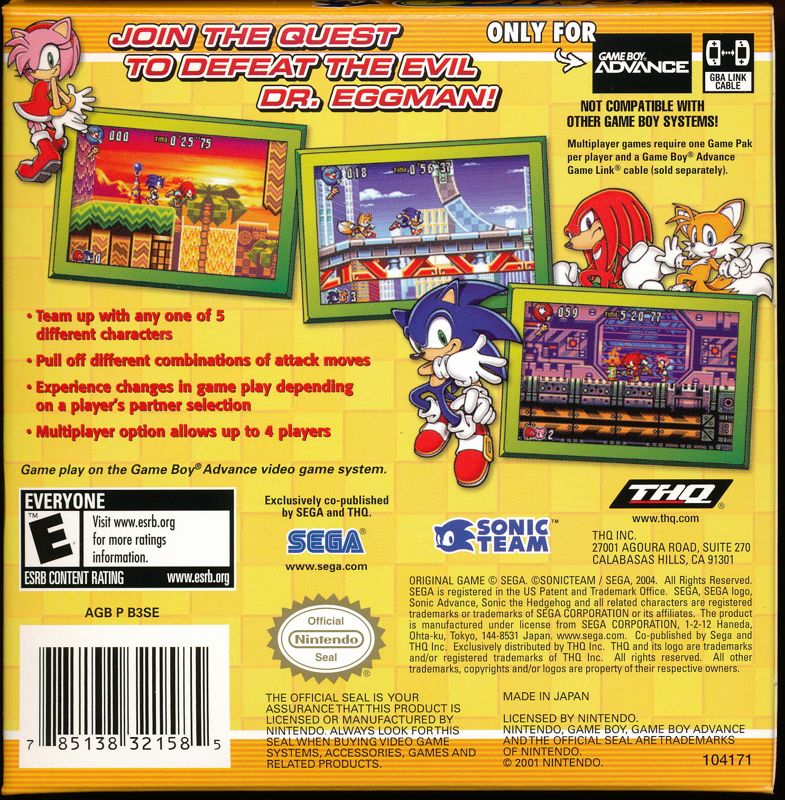 Back Cover for Sonic Advance 3 (Game Boy Advance)