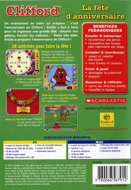 Back Cover for Clifford the Big Red Dog: Thinking Adventures (Macintosh and Windows) (2007 release)