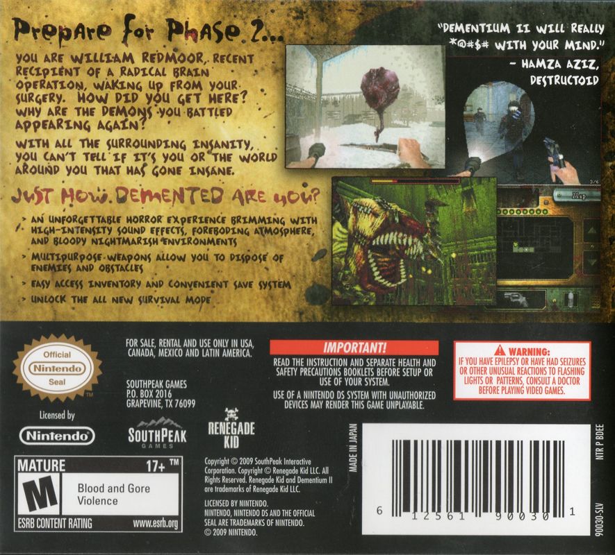 Back Cover for Dementium II (Nintendo DS)