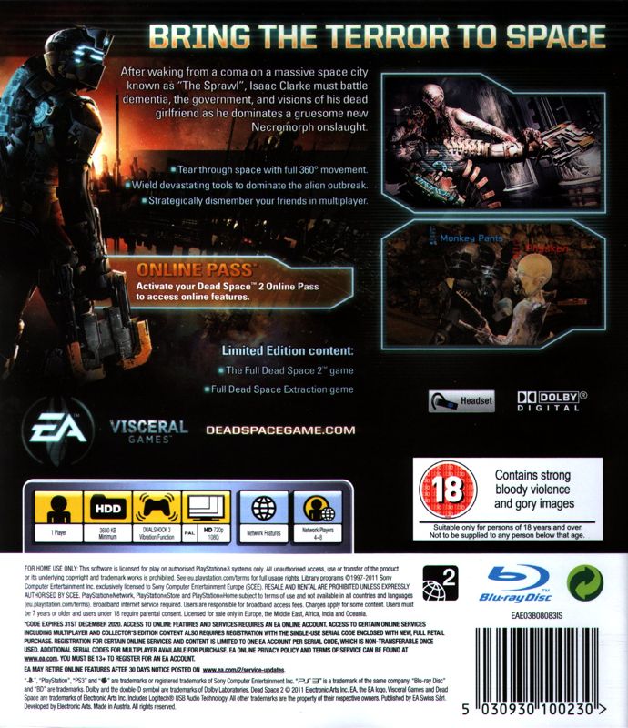 Back Cover for Dead Space 2: Limited Edition (PlayStation 3)