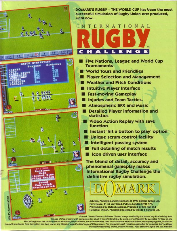 Back Cover for International Rugby Challenge (DOS)