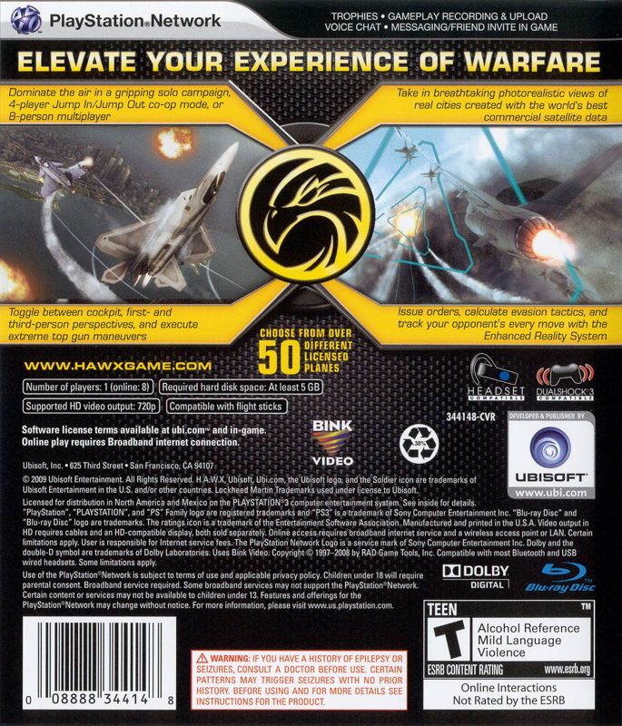 Back Cover for Tom Clancy's H.A.W.X (PlayStation 3)