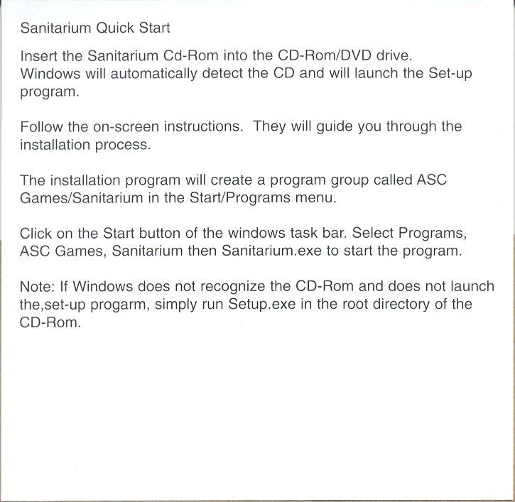 Manual for Sanitarium (Windows) (XS Games release): Back