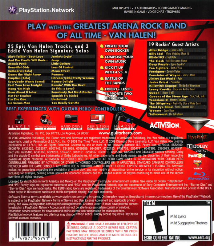 Back Cover for Guitar Hero: Van Halen (PlayStation 3)