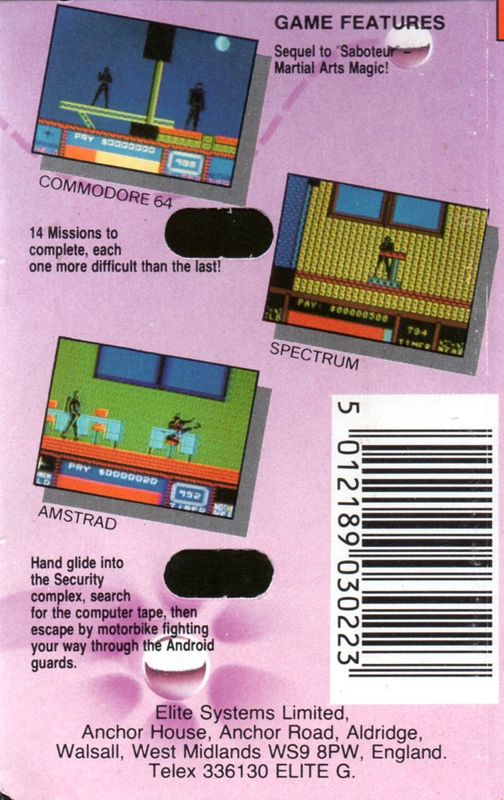 Back Cover for Saboteur II (Commodore 64) (Budget re-release)