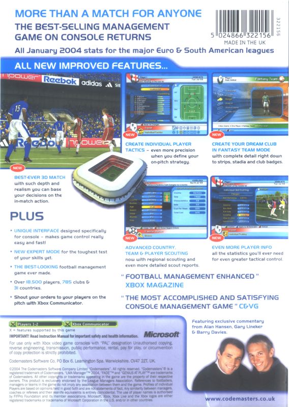Back Cover for LMA Manager 2004 (Xbox)