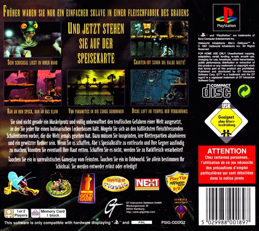 Back Cover for Oddworld: Abe's Oddysee (PlayStation) (Deviating USK rating)