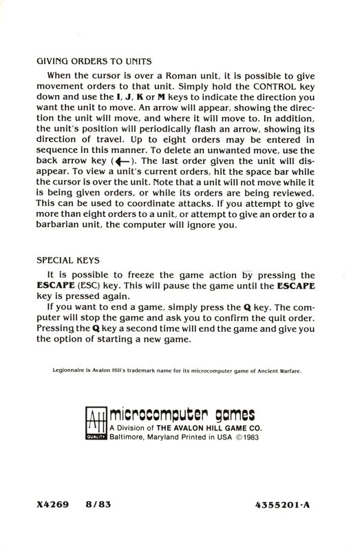 Extras for Legionnaire (Apple II): Rules Addendum - Back