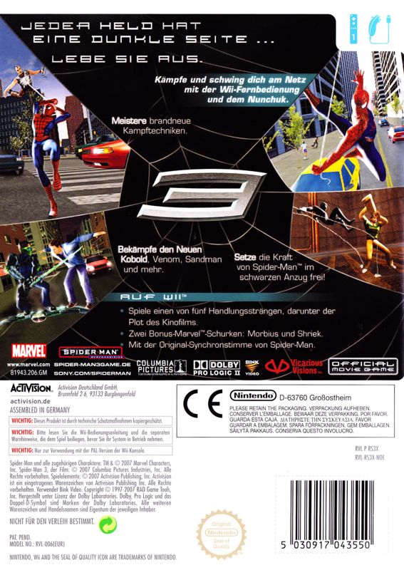 Back Cover for Spider-Man 3 (Wii)