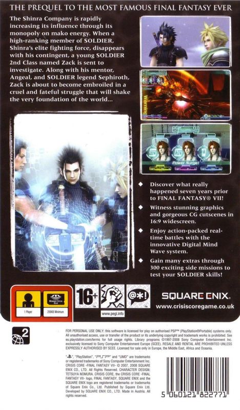 Back Cover for Crisis Core: Final Fantasy VII (PSP)