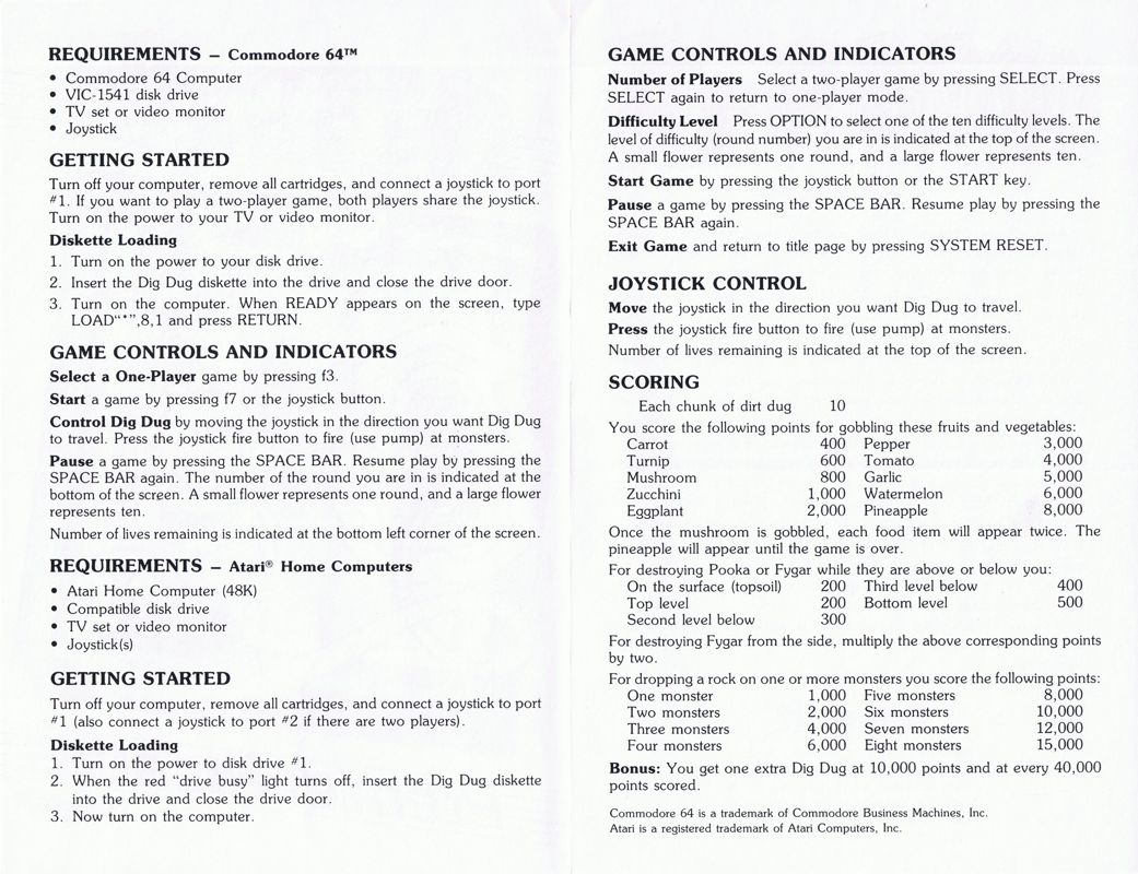 Manual for Dig Dug (Atari 8-bit and Commodore 64)