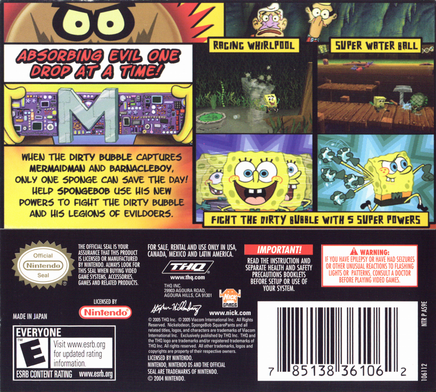 Back Cover for SpongeBob SquarePants: The Yellow Avenger (Nintendo DS)