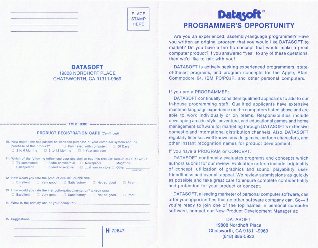 Other for Dig Dug (Atari 8-bit and Commodore 64): Registration Card 1