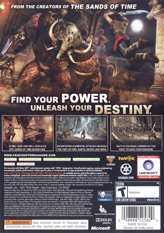 Back Cover for Prince of Persia: The Forgotten Sands (Xbox 360)