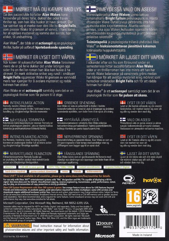 Back Cover for Alan Wake (Xbox 360)