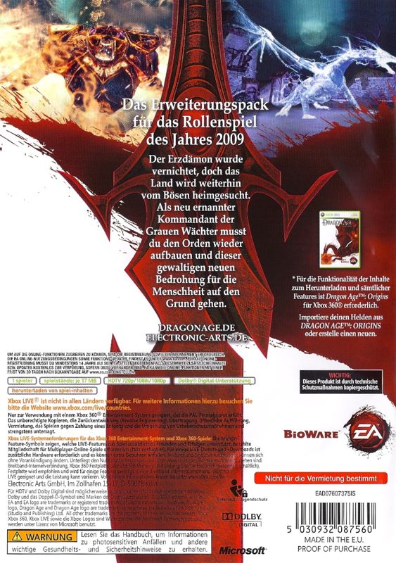 Back Cover for Dragon Age: Origins - Awakening (Xbox 360)